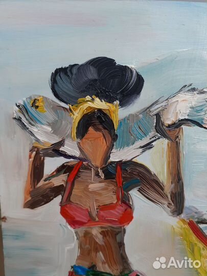 Картина маслом девушка с рыбой и парусником 13х18