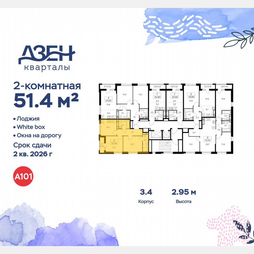 2-к. квартира, 51,4 м², 13/14 эт.