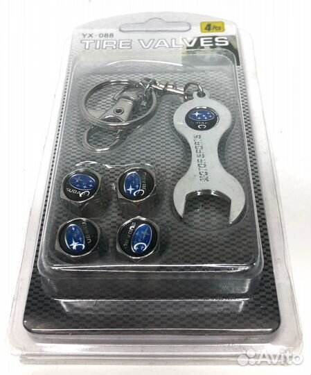 Колпачки на ниппеля Subaru (с ключом/черный+синий)