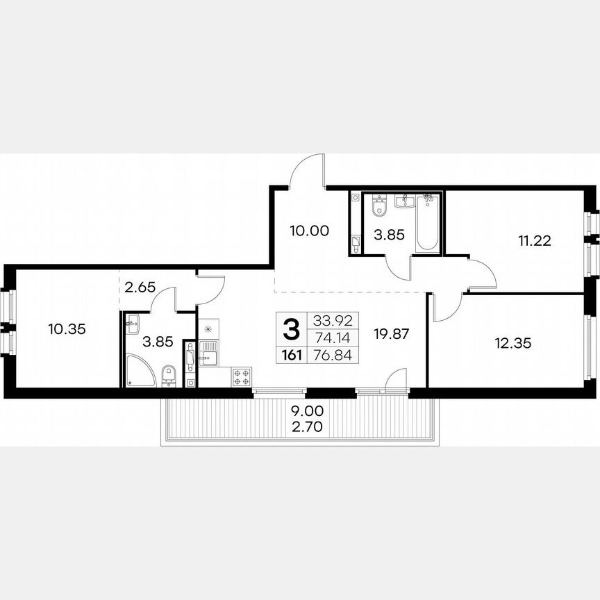 3-к. квартира, 76,8 м², 3/15 эт.