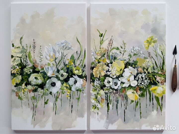 Картина маслом с белыми цветами на холсте нежная