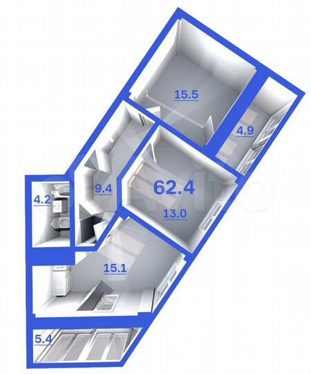 2-к. квартира, 62,4 м², 8/9 эт.