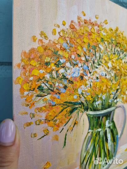 Картина маслом пижма цветы в вазе миниатюра 25х20