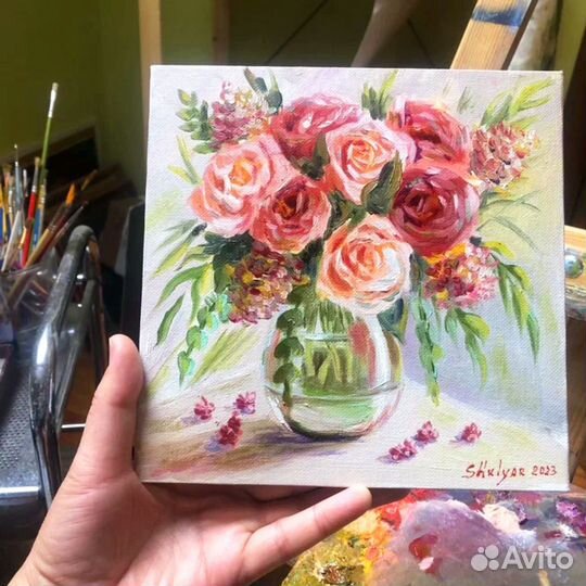 Картина маленькая маслом цветы Розы 20х20 см