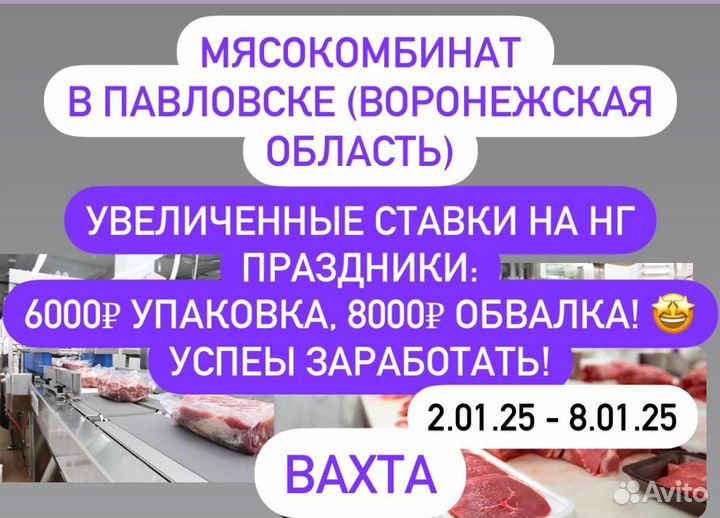 Упаковщик на мясокомбинат/Вахта в г.Павловск