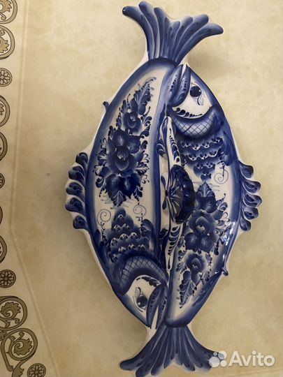 Гжель, тарелка доя рыбы автор Осипова