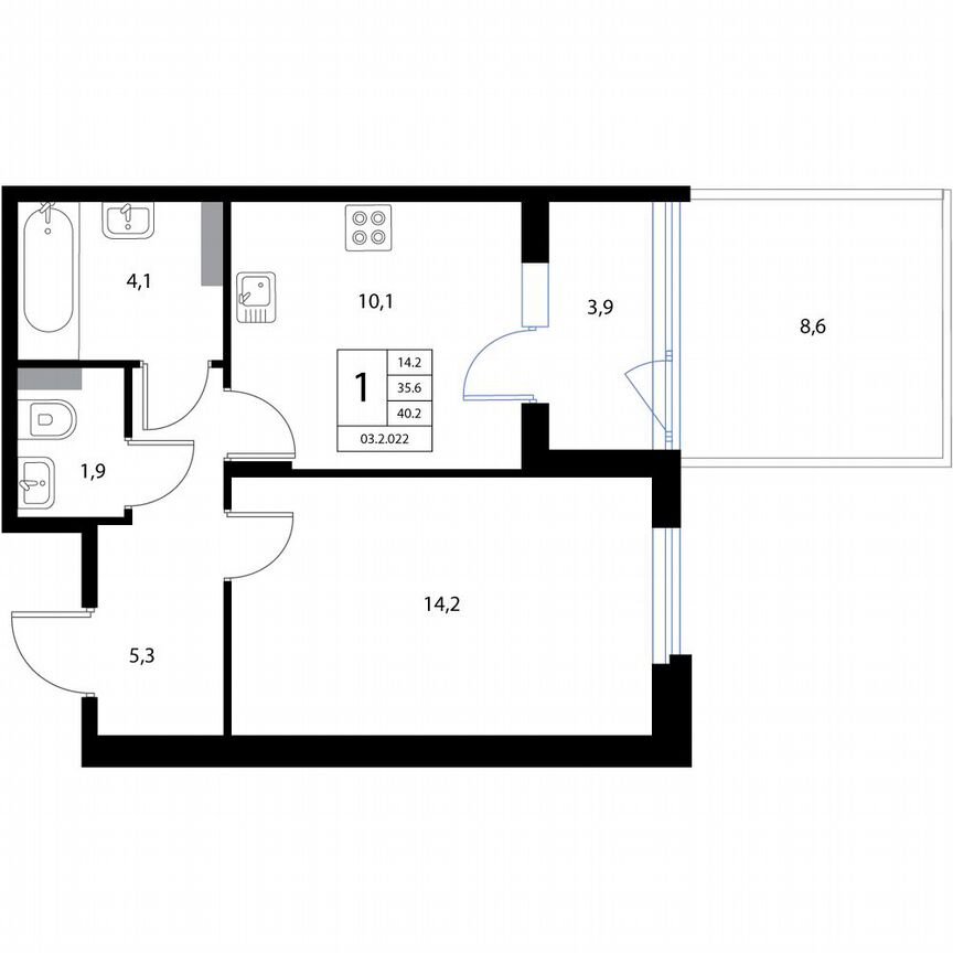 1-к. квартира, 40,2 м², 1/3 эт.