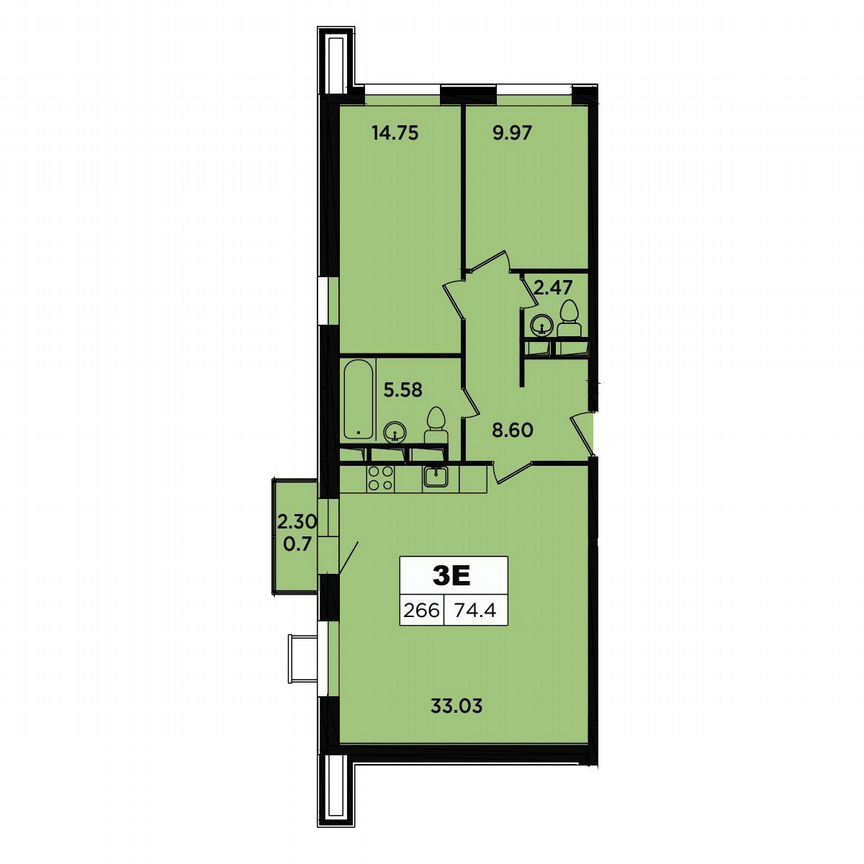 2-к. апартаменты, 74,4 м², 12/18 эт.