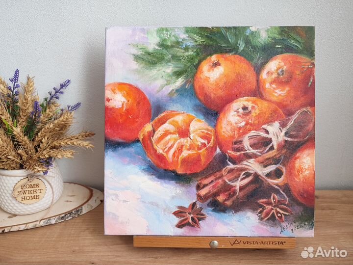 Картина маслом с мандаринами 30/30 см