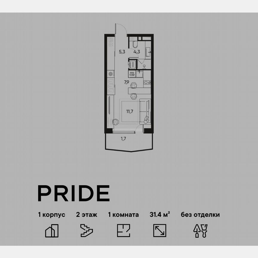 Квартира-студия, 31,4 м², 2/22 эт.