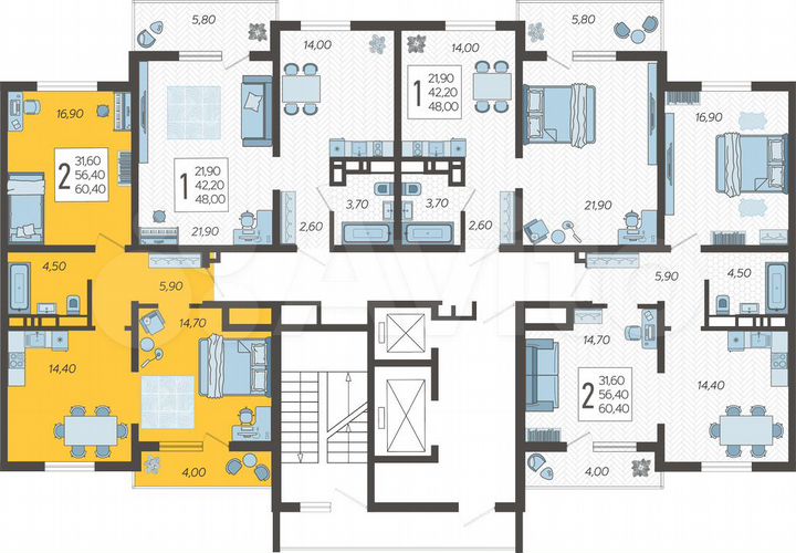 2-к. квартира, 60,4 м², 10/16 эт.