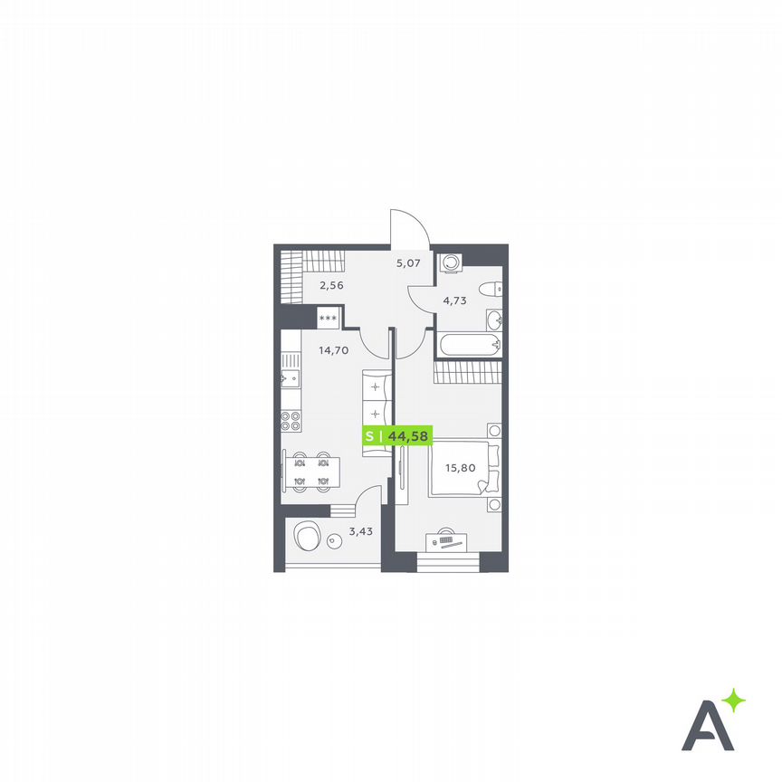 1-к. квартира, 44,6 м², 3/12 эт.