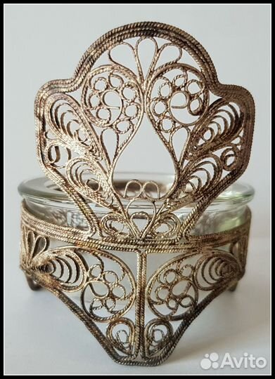 Винтажная солонка (икорница) филигранная с ложкой