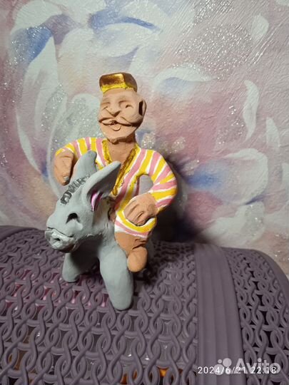 Узбек на ослике,глина. сувенир, бабайчик