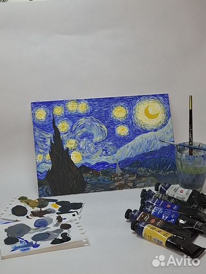 Рисунок на холсте, акварелью Ван Гог,звёздная ночь