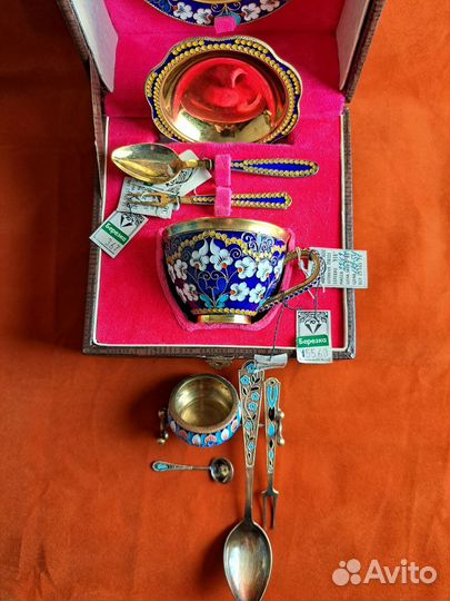 Серебряный кофейный набор с эмалями СССР-916 проба