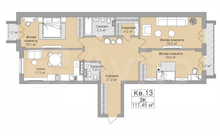 3-к. квартира, 117,5 м², 3/3 эт.