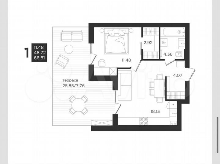 1-к. квартира, 48,7 м², 1/4 эт.