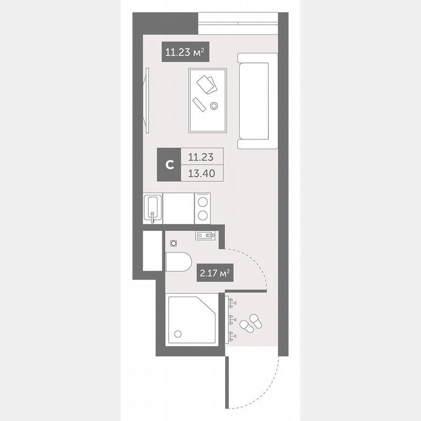 1-к. апартаменты, 13,4 м², 2/13 эт.