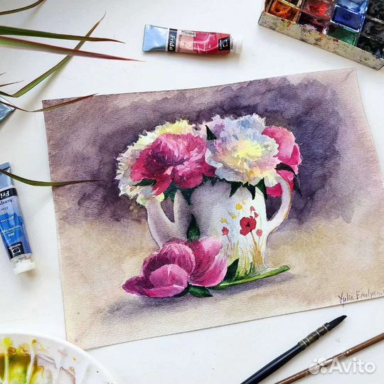 Букет пионов, картина акварель