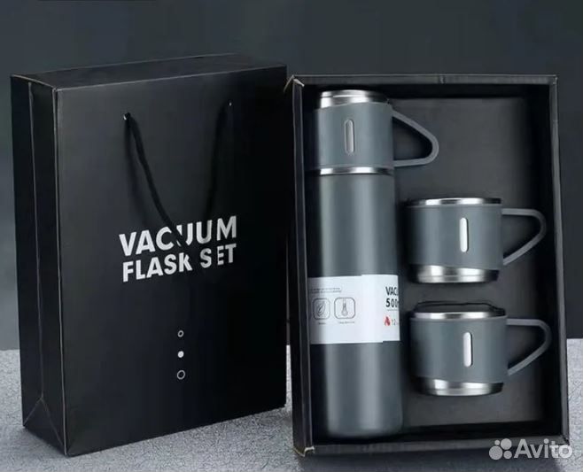 Набор термос и 3 кружки, 500 мл, сталь 304, серый