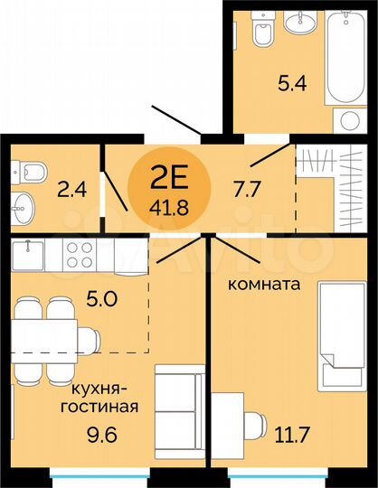 2-к. квартира, 41,8 м², 2/14 эт.
