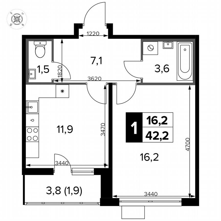 1-к. квартира, 42,2 м², 3/15 эт.