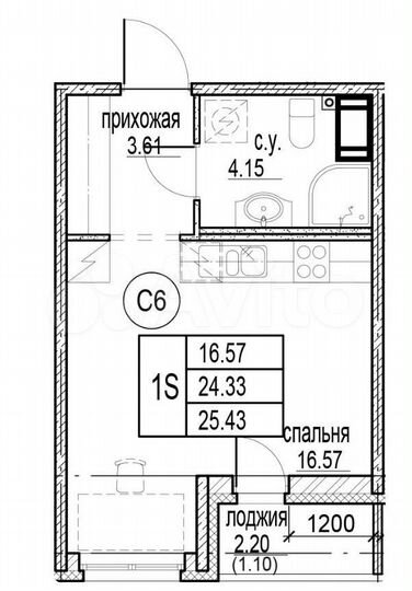 Квартира-студия, 25,4 м², 8/12 эт.