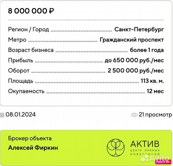 Кафе c Чистая прибылью 650 000 тыс