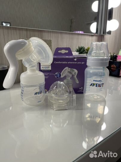 Молокоотсос avent ручной+бутылочка антиколиковая