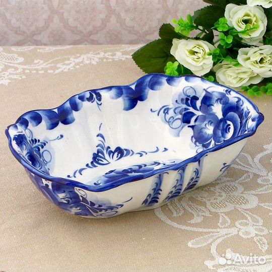 Салатник 'Весна', 14x20x6 см, гжель