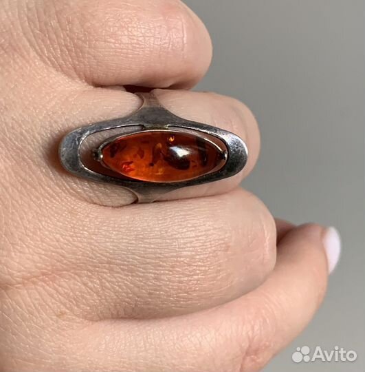 Серебряное кольцо с янтарем СССР 925 проба звезда