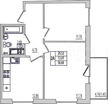 2-к. квартира, 54,4 м², 7/9 эт.
