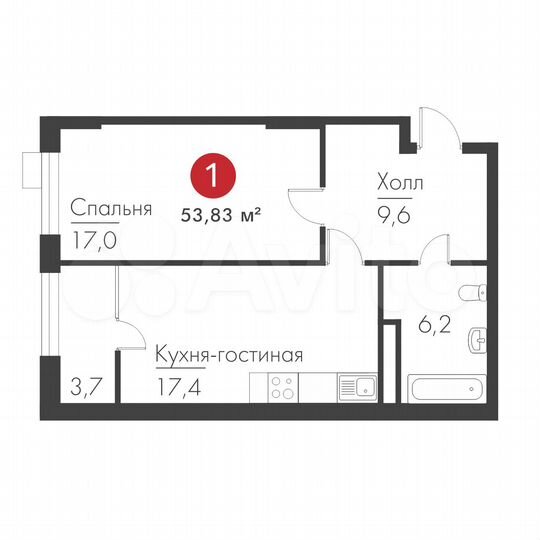 1-к. квартира, 53,8 м², 3/19 эт.