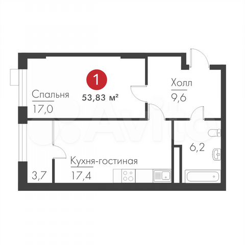 1-к. квартира, 53,8 м², 3/19 эт.