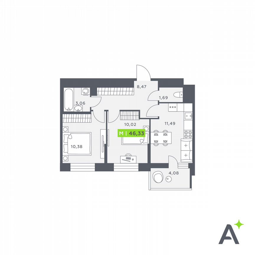 2-к. квартира, 46,3 м², 7/12 эт.