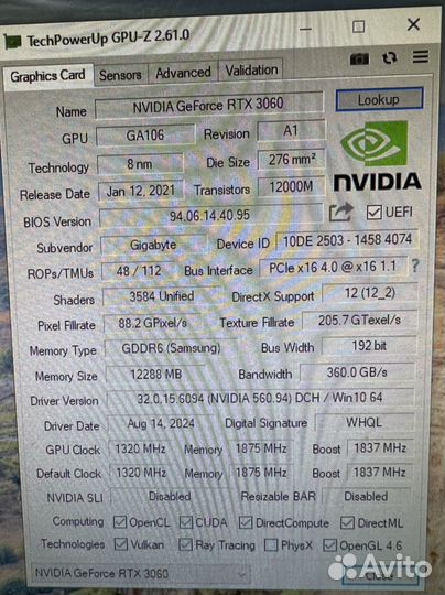 Видеокарта gigabyte GeForce RTX 3060 gaming oc12gb