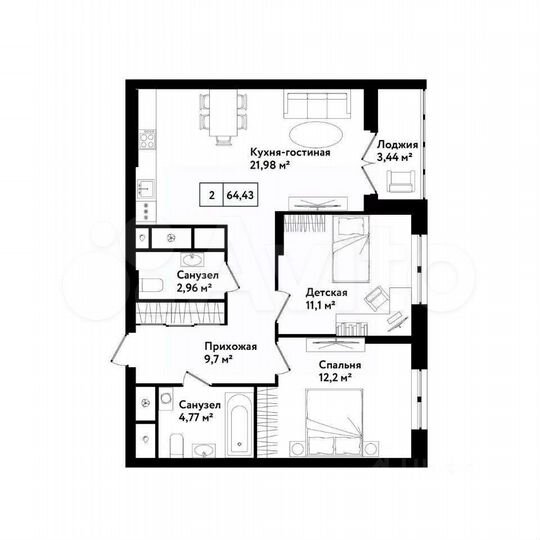 2-к. квартира, 64,4 м², 15/25 эт.