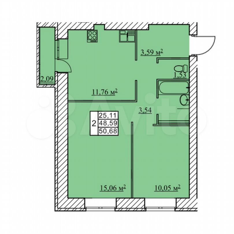 2-к. квартира, 50,7 м², 2/5 эт.