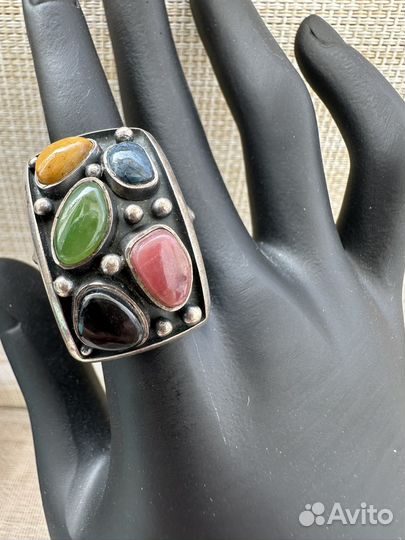 Кольцо мультикамни серебро 925 звезда чернение