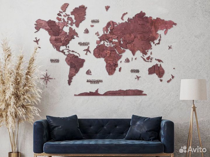 Карта мира для интерьера из дерева