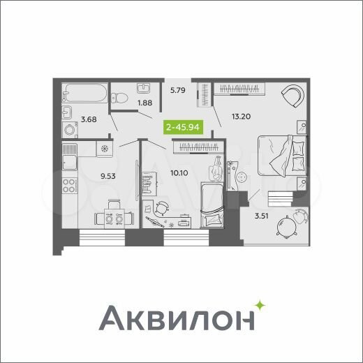 2-к. квартира, 46 м², 10/11 эт.