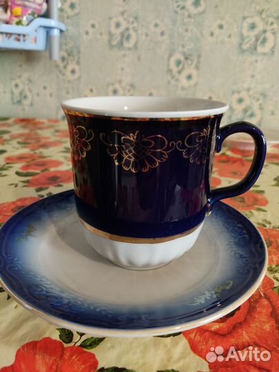 2 чашки большие фарфор кобальт+блюдце