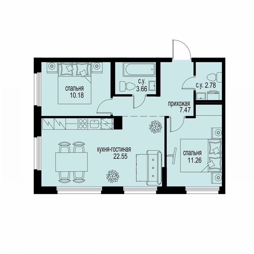 2-к. квартира, 57,9 м², 2/12 эт.