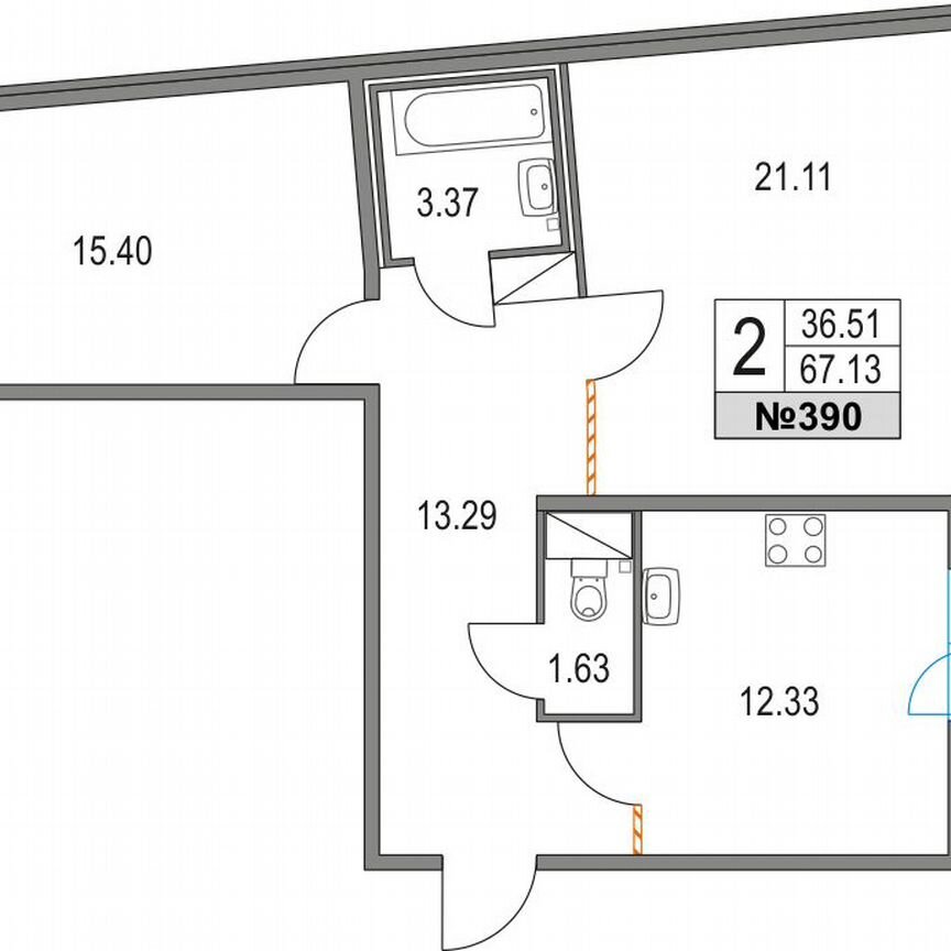 2-к. квартира, 67,1 м², 4/21 эт.