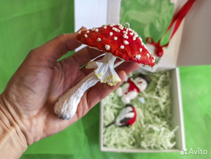 Игрушки на ёлку набор Мухомор Снеговик Снегирь