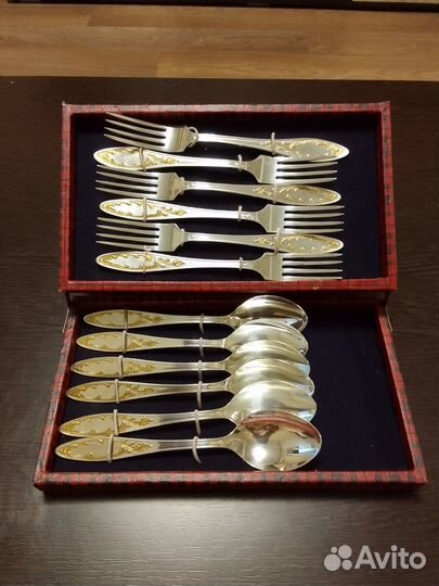 Набор столовых приборов мельхиор с позолотой)