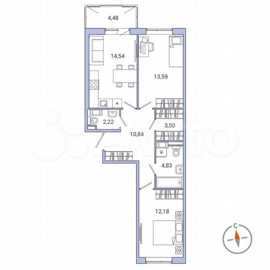 2-к. квартира, 63 м², 9/10 эт.
