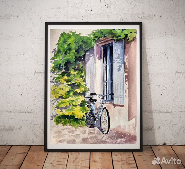 Картина пейзаж с велосипедом. Европейская улочка
