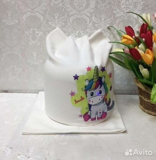 Шапка детская со снудом для девочки светящаяся